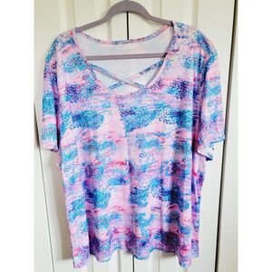 Reel Legends 3X T-Shirt Womens‎ Pink Blue Performance Pullover Cross Neck